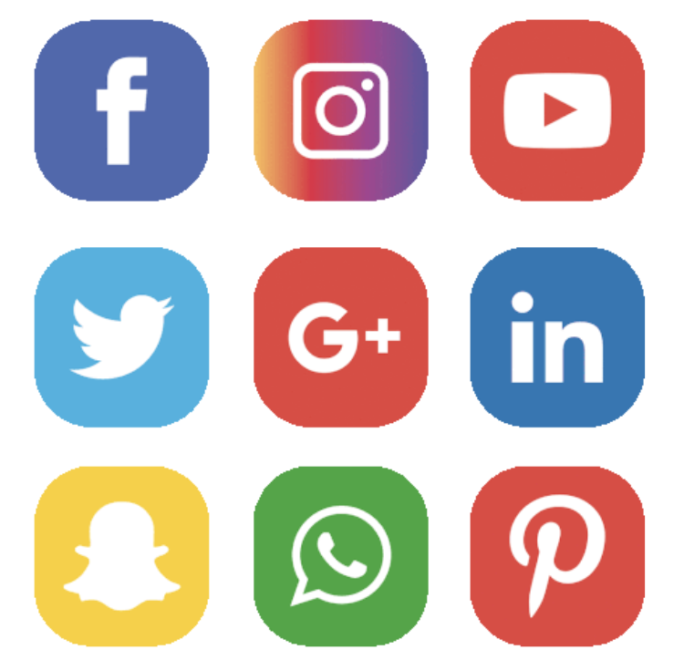 Grid of nine social media icons, including Facebook, Instagram, YouTube, Twitter, Google Plus, LinkedIn, Snapchat, WhatsApp, and Pinterest.