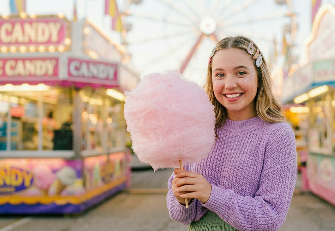 A smiling young girl holding a large pink cotton candy at a carnival with colorful stalls and a Ferris wheel in the background.