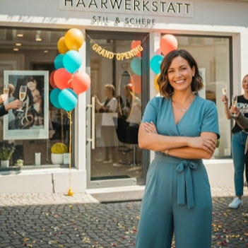 A woman in blue scrubs standing outside a store with a grand opening sign and colorful balloons, smiling at the camera.