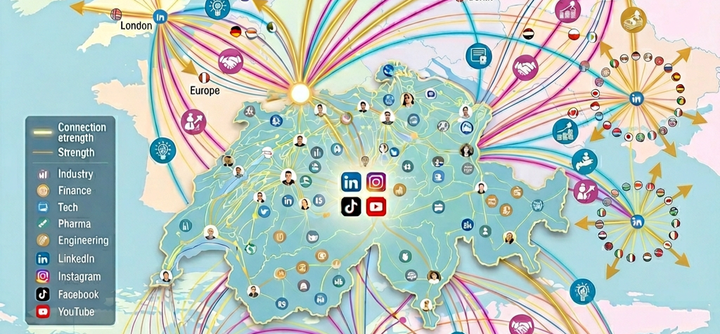 A map of Switzerland showing various social media, industry, and professional connections with icons for LinkedIn, Instagram, TikTok, Facebook, and YouTube, along with colored lines indicating connection strength and industry sectors.