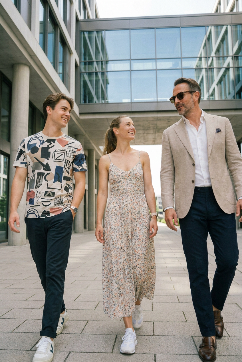 Three people, two men and one woman, walking in front of a modern glass office building on a paved walkway, smiling and engaging with each other.