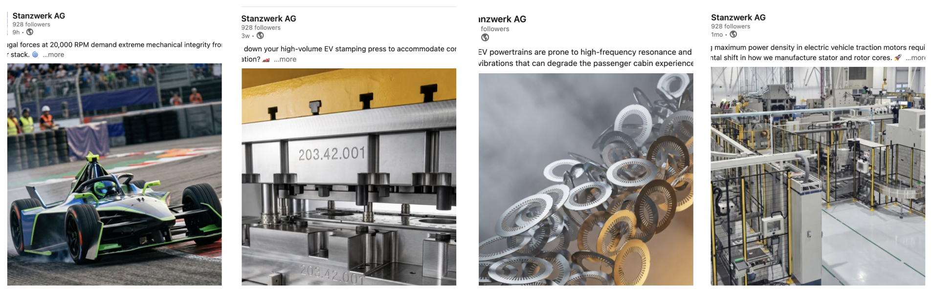 Four images in a social media post. The first shows a green and black race car on a race track with spectators. The second features a close-up of metallic machine parts with the number 203.42.001. The third displays a collection of metallic gears with a smoky background. The fourth depicts an industrial manufacturing environment with machinery and yellow safety barriers.