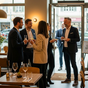 Group of five people in business attire socializing inside a restaurant or cafe, with drinks in hand, near a large window.