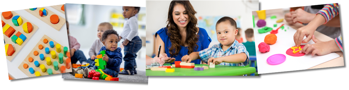 collage of 4 photos of blocks, children playing, a child working with a provider, and some Play Doh
