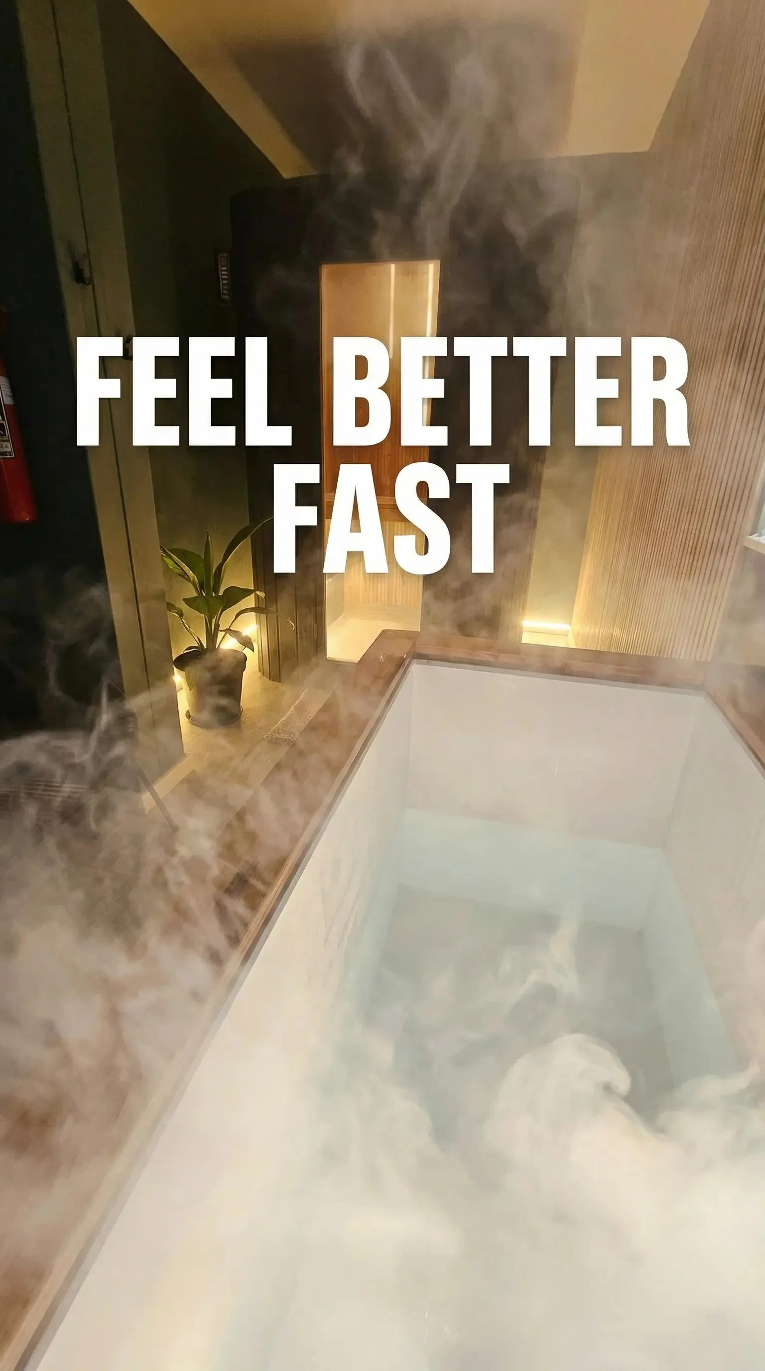 Steam rising from a hot spring or hot tub with a wooden deck, a potted plant, and warm lighting in the background.