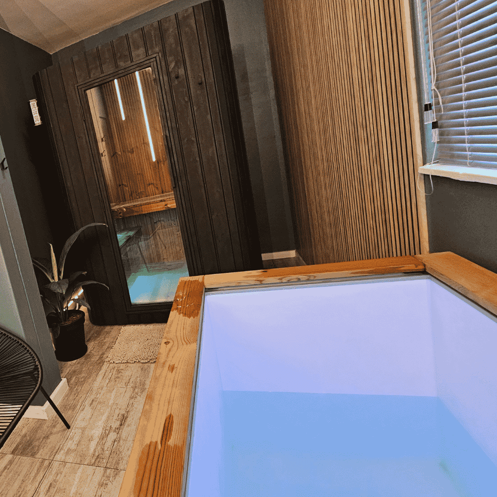 Interior of a room with dark wooden and light wood paneling, a black sauna with a glass door, a potted plant, a black chair, and a partially visible light blue hot tub or pool.