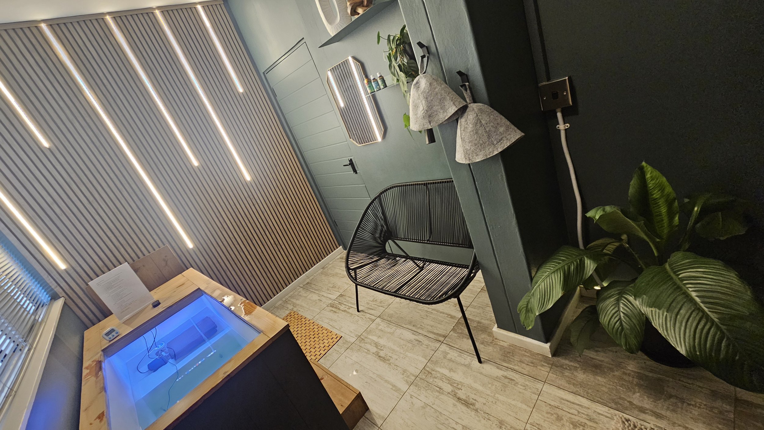 Private LED backlit area with ice bath, sauna and chair.