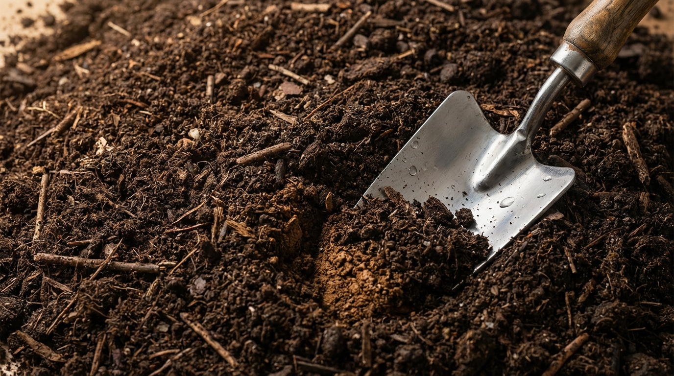 A gardening trowel with a wooden handle digging into dark, rich soil.