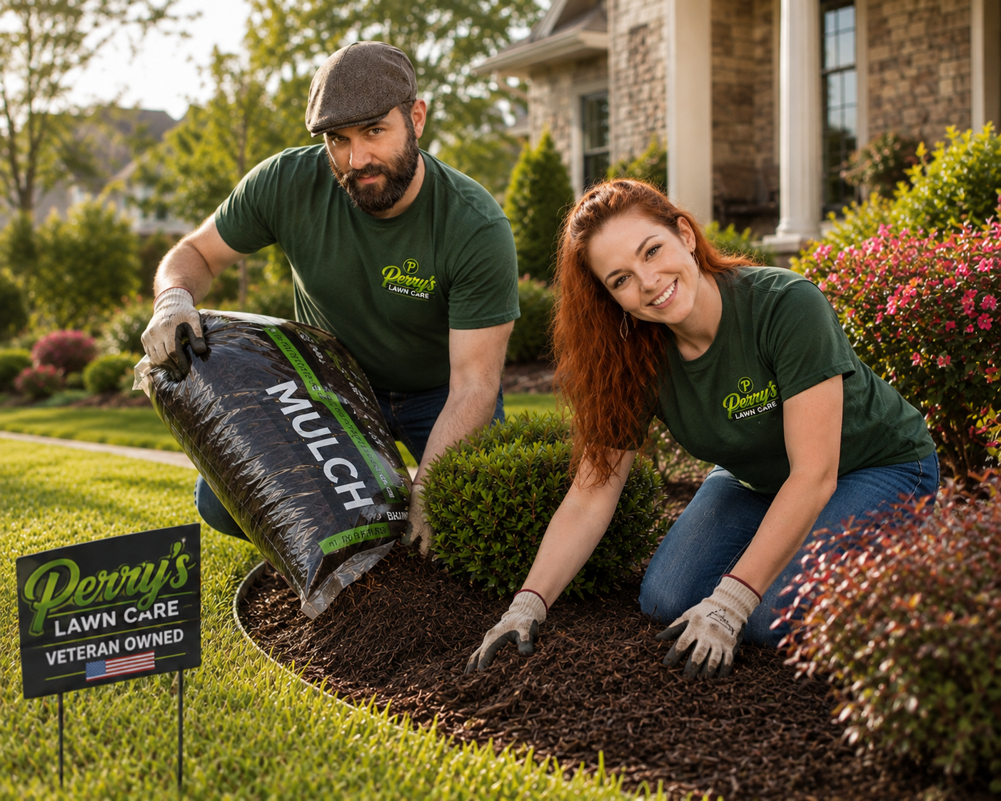 A man and woman gardening together in a front yard with plants and flowers. The man is pouring mulch from a bag labeled "Mulch," and the woman is spreading mulch around a shrub. They are both wearing green Perry's Lawn Care t-shirts and gardening gloves, smiling at the camera. There is a sign in the lawn that reads "Perry's Lawn Care, Veteran Owned." The background features a house with a covered porch and trees.