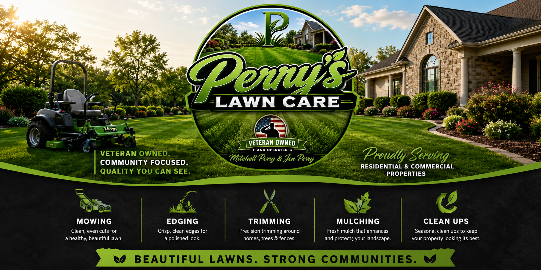 Perry's Lawn Care advertisement with a manicured lawn, a riding lawn mower, and a house with blooming bushes. The logo features a circular design with grass, a house, and American flag, highlighting veteran ownership and community focus. Services include mowing, edging, trimming, mulching, and clean ups.