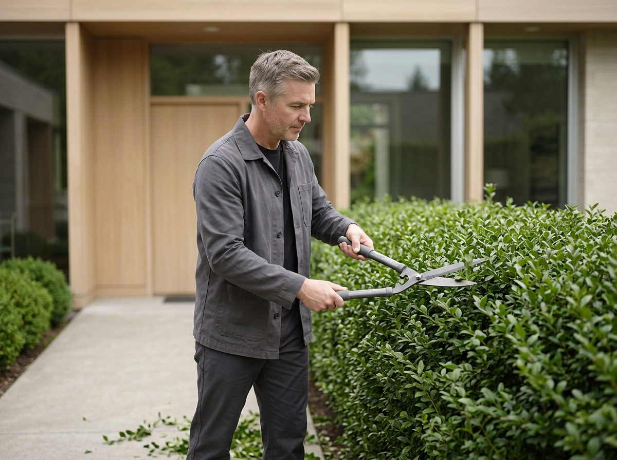 Mann schneidet Heckenschnitt mit Gartenschere vor modernem Haus
