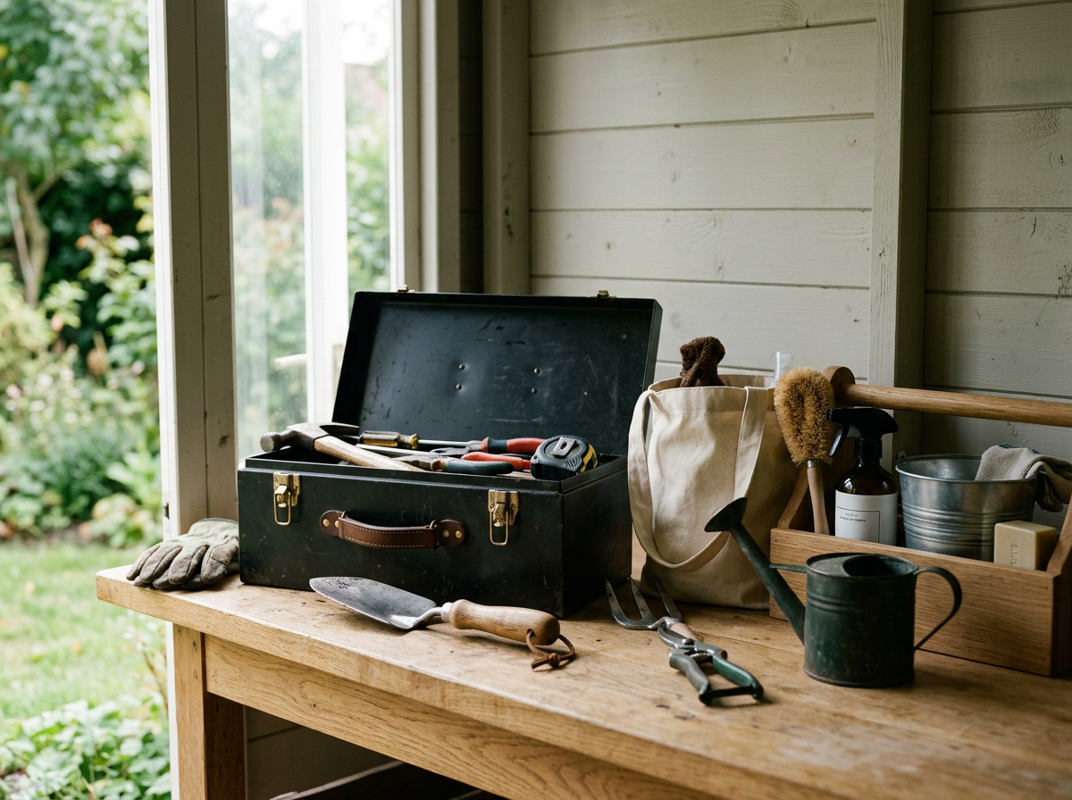 Gartengeräte und Werkzeuge auf einem Holztisch in einer Gartenlaube, darunter eine Schaufel, ein Hammer, eine Gartenschere, eine Hand- und eine Gartenhandschuh, sowie eine Werkzeugkiste, ein Jutebeutel und Gartengeräte.
