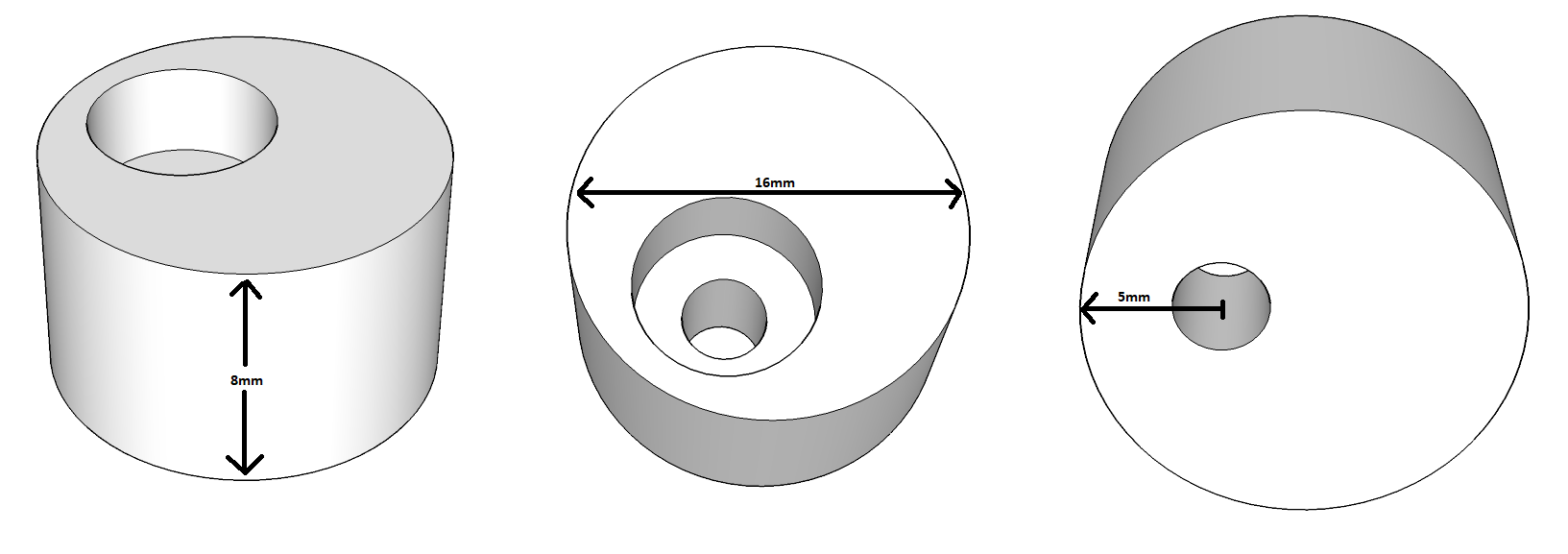 A technical drawing of a cylindrical object with three views, showing dimensions: height 8mm, outer diameter 16mm, and inner diameter 5mm.
