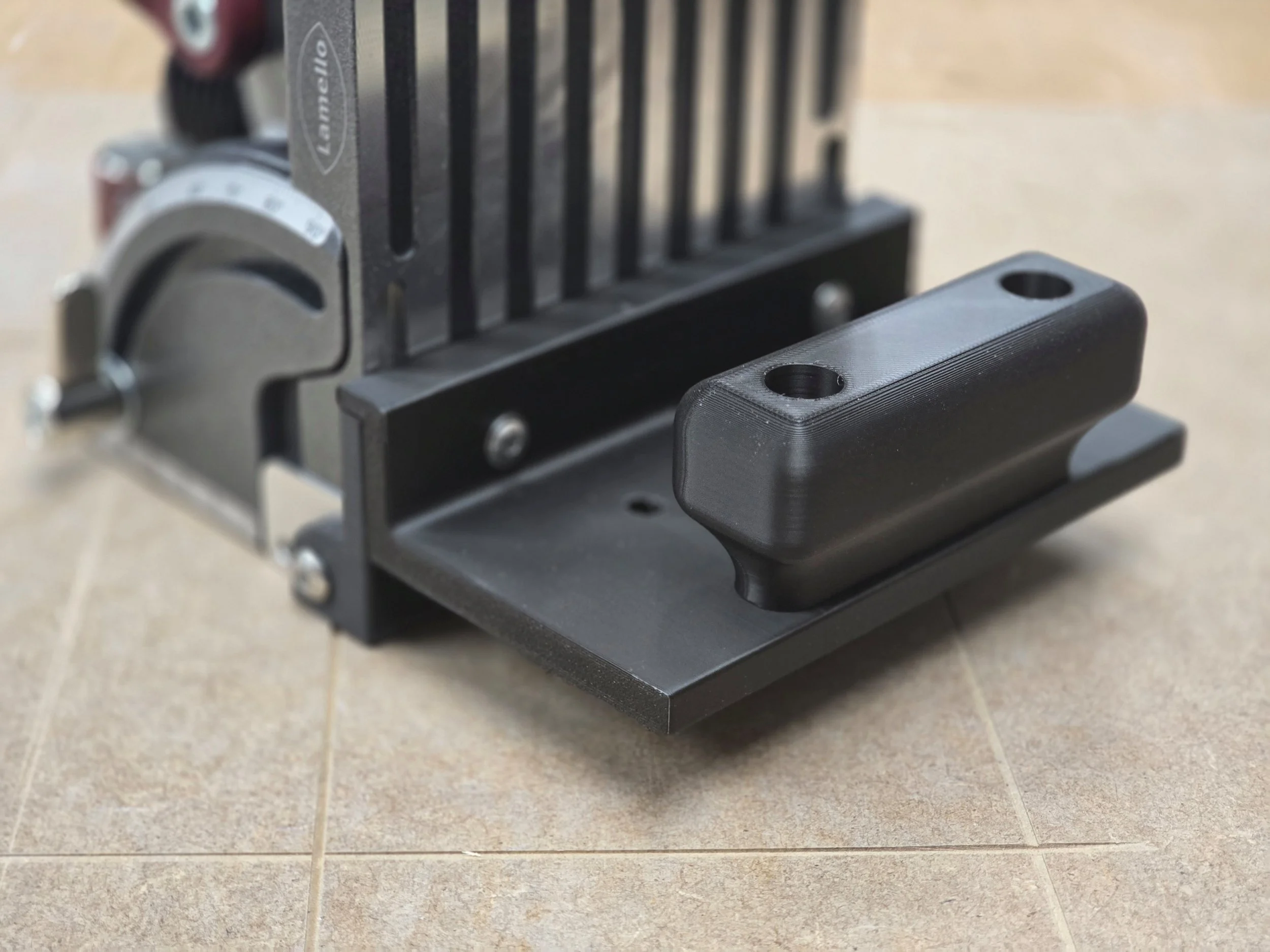 Close-up of the Motam Woodworks fence adaptor and handle attached to the Lamello Zeta P2