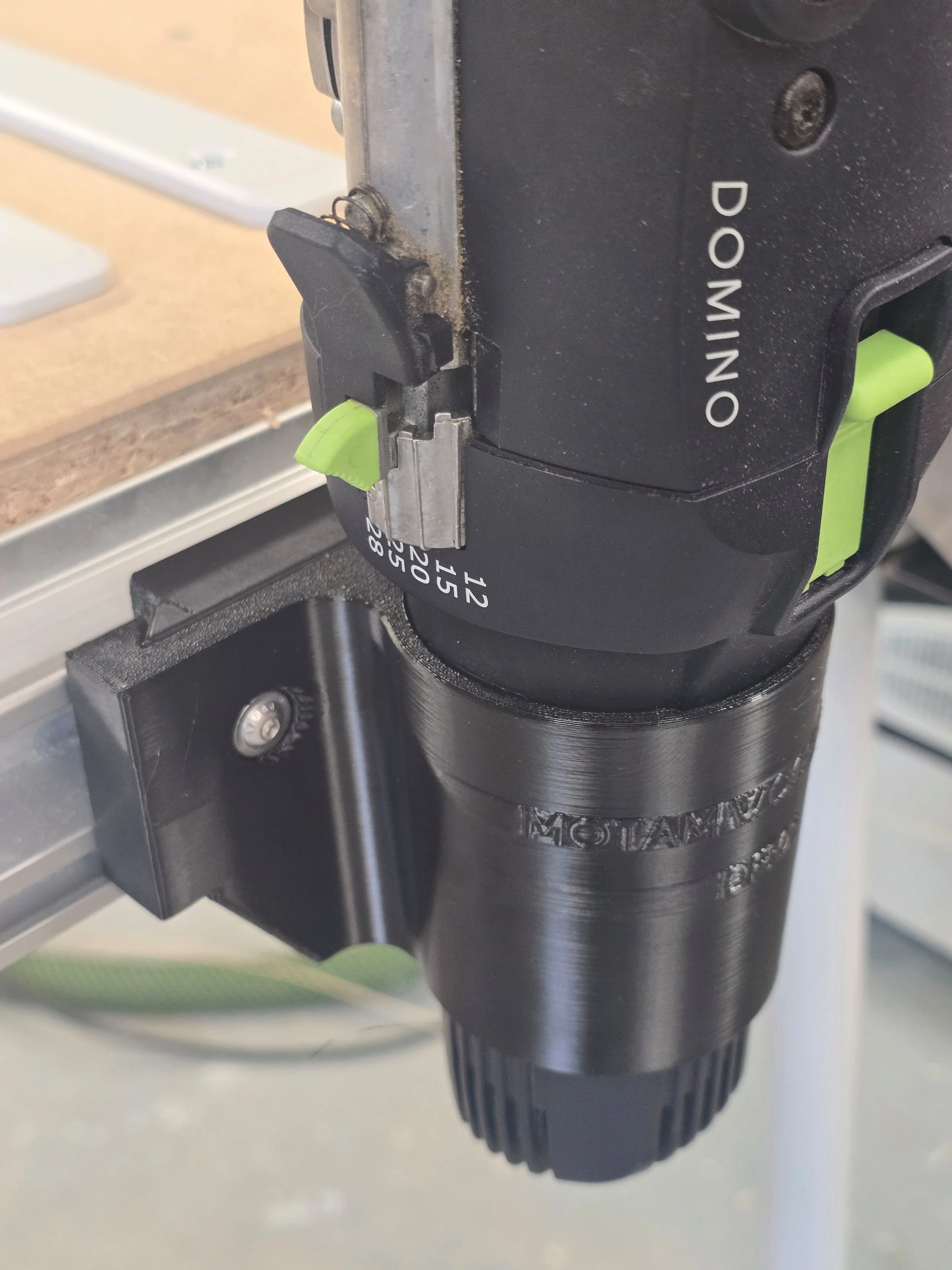 Close-up of the Domino mount showing the depth stop gauge fitted to the Domino DF500