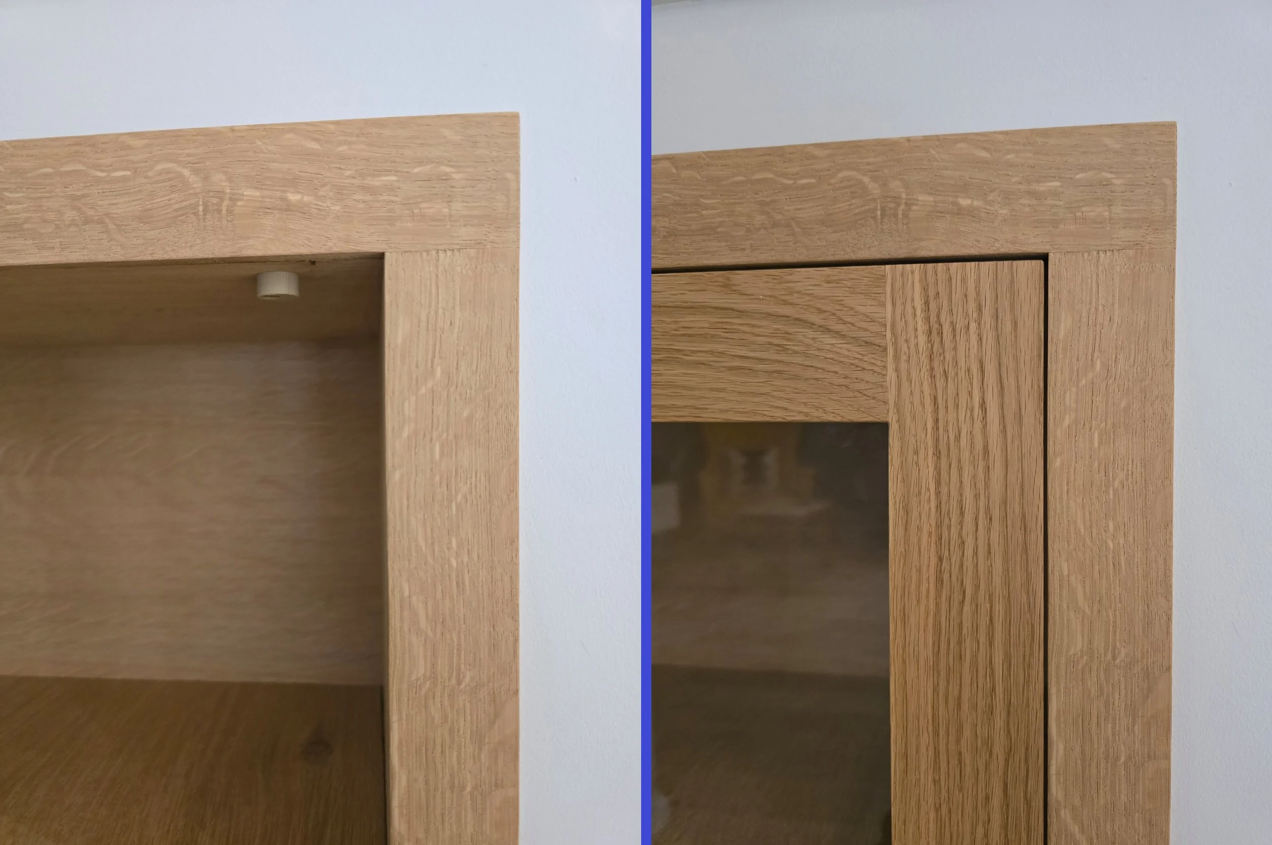 Before and after comparison of a cabinet door — open showing the door stop mounted inside, and closed showing a flush, professional finish