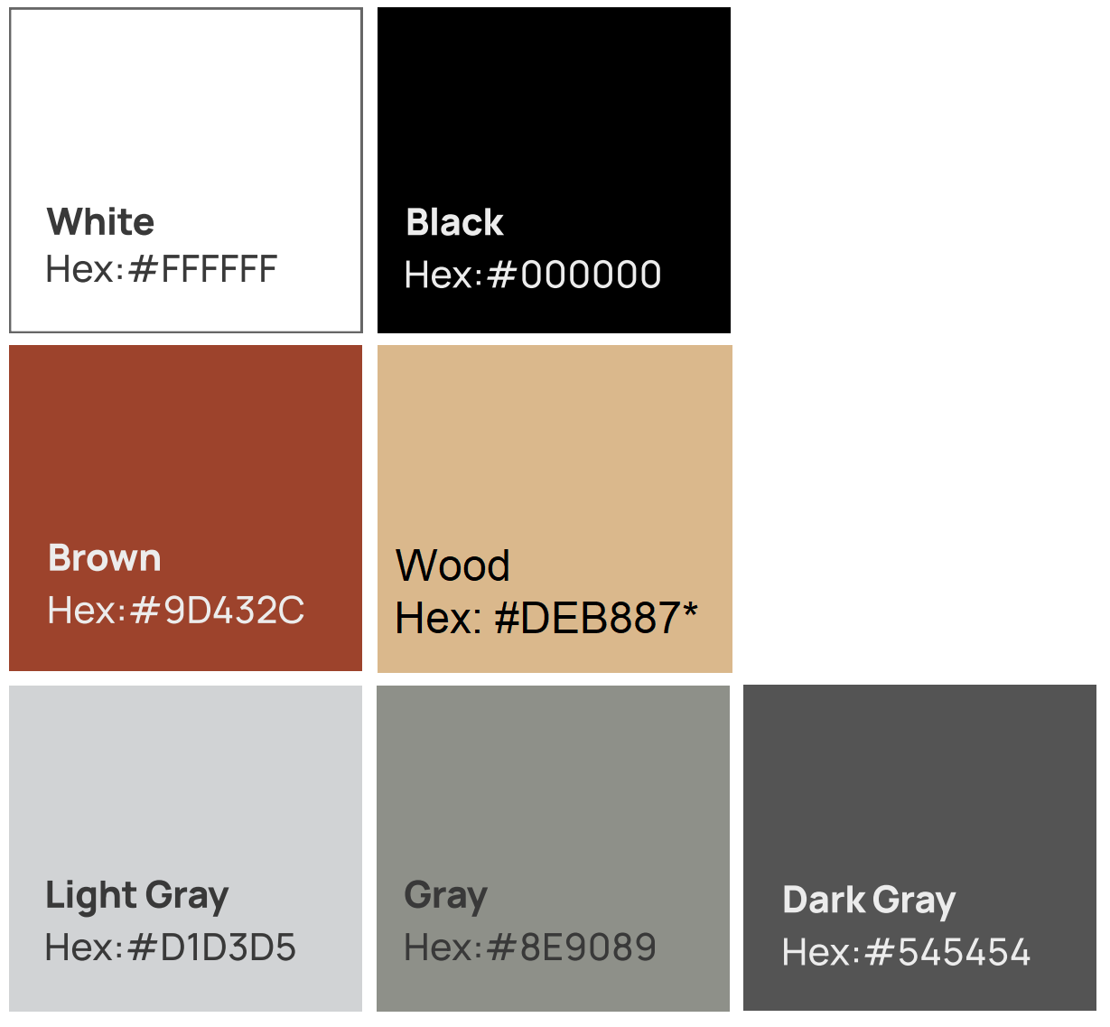 Colour swatch chart showing the 7 available colours and their hex codes