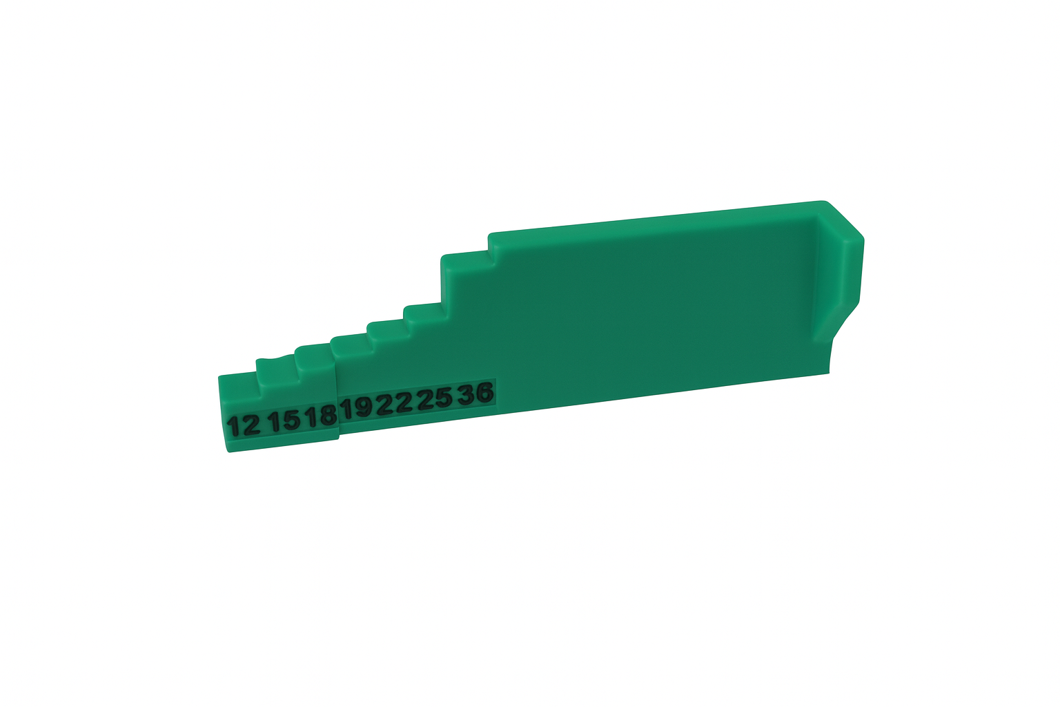 CAD render of the depth gauge on a white background, showing the stepped profile and labelled sizes