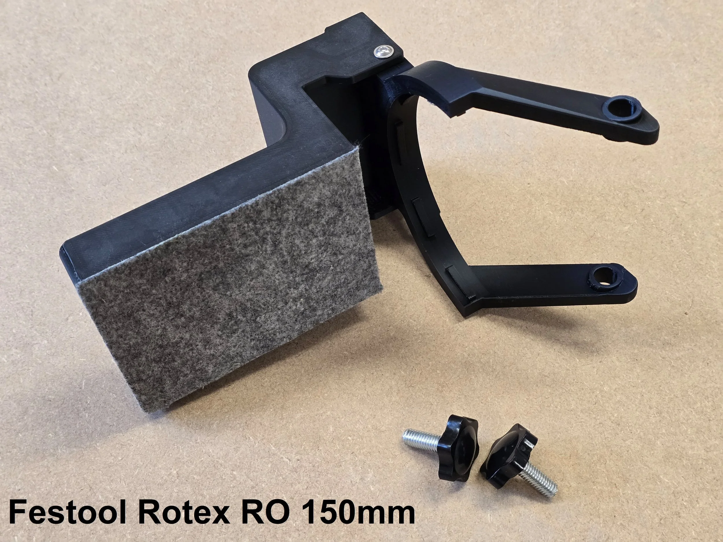 The Rotex RO 150mm edge guide components laid out separately, labelled for this variant
