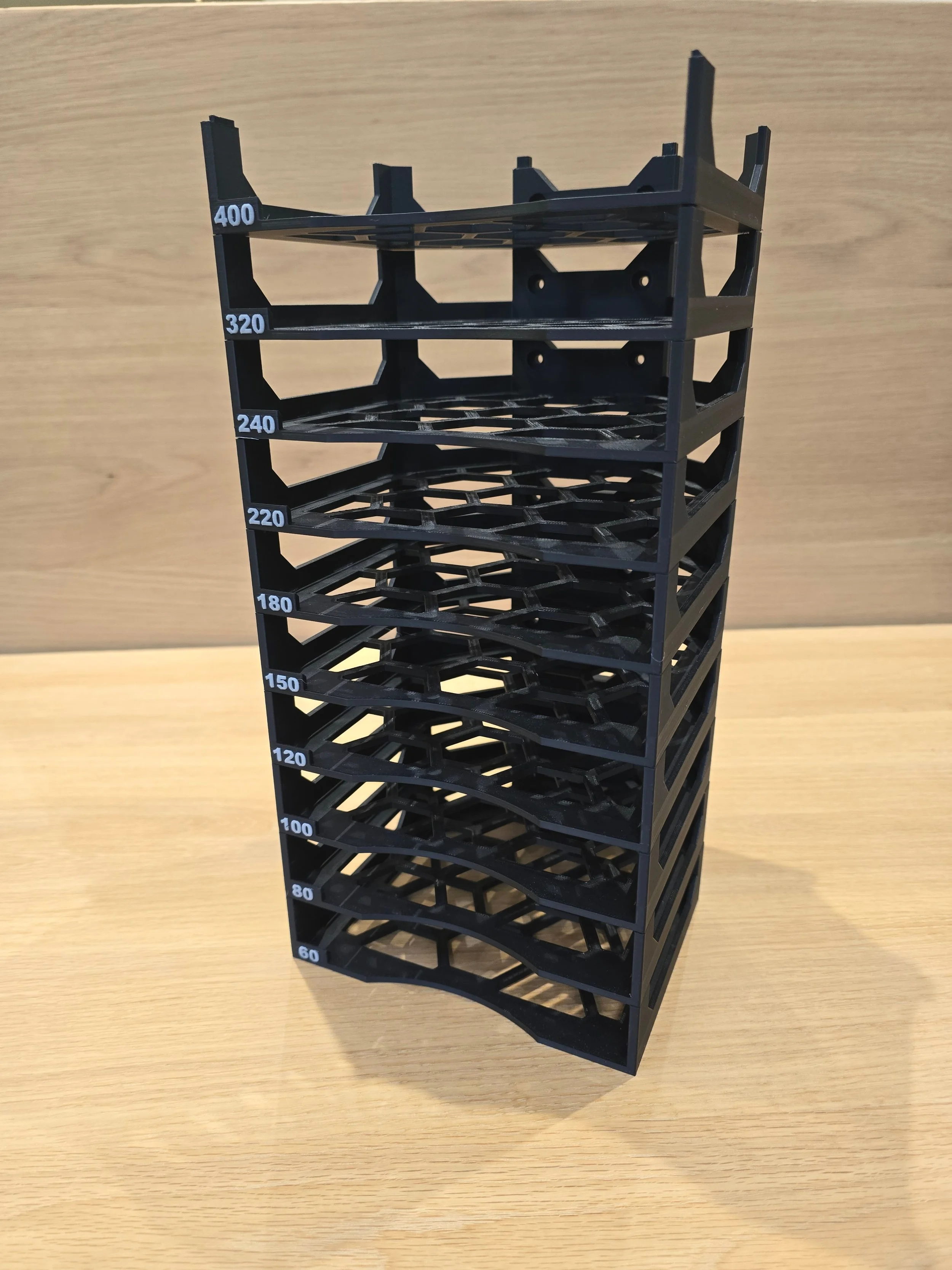 The full 10-tier sanding disc holder tower, labelled 60 through 400 grit, showing the complete Set of 10 range