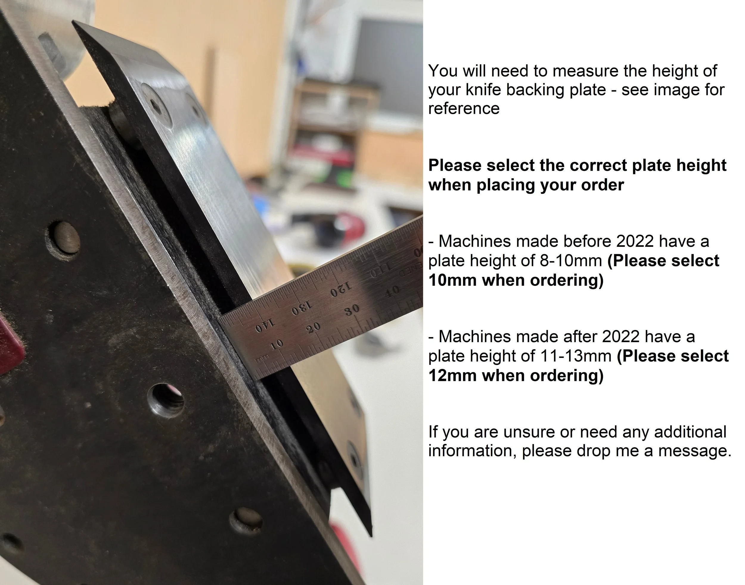 A ruler measuring the height of the machine's knife backing plate, with instructions on selecting 10mm (pre-2022 machines) or 12mm (post-2022) when ordering