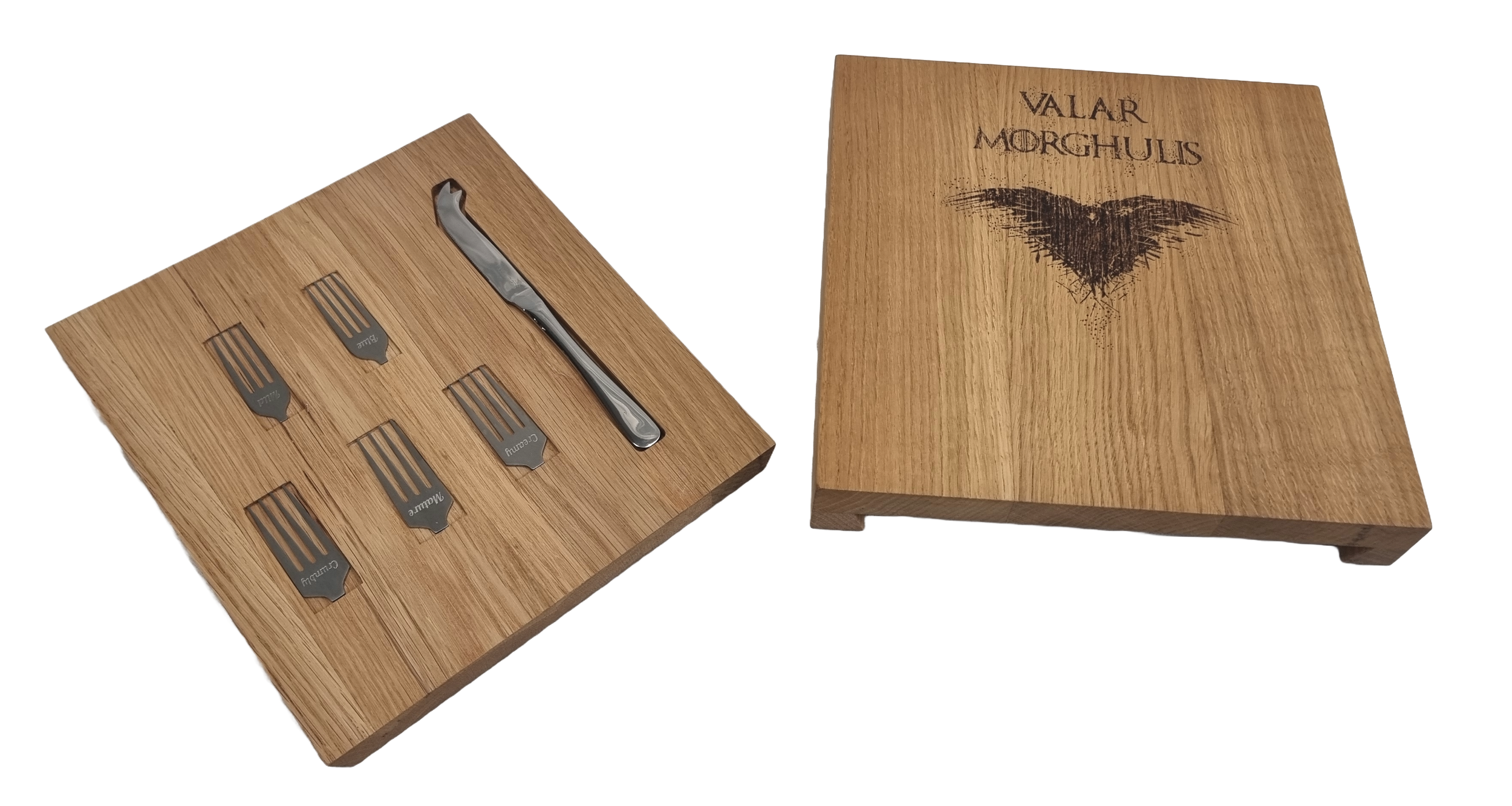 Oak cheese board shown open with forks and knife, alongside the closed lid showing the engraving