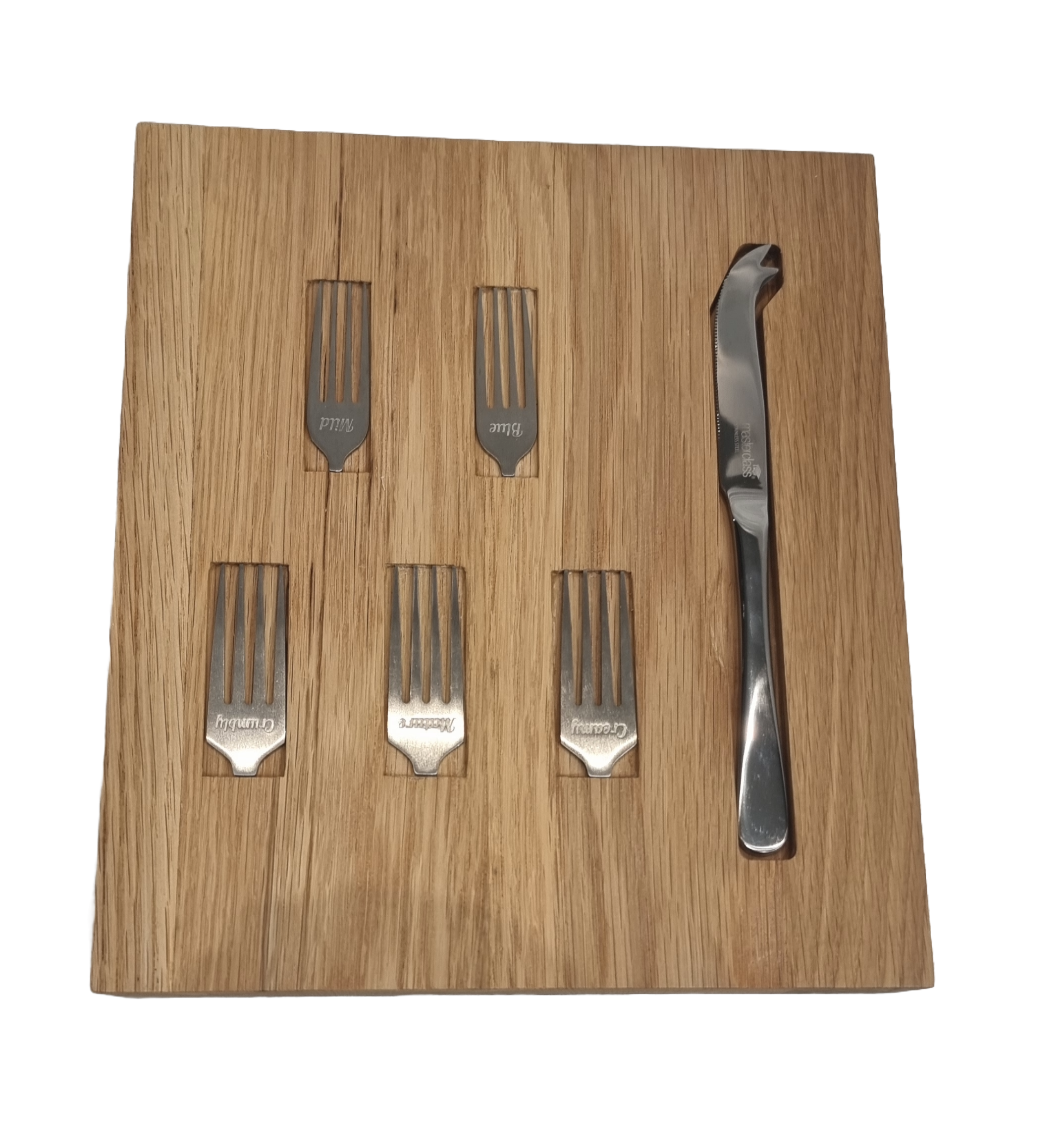 Five cheese forks individually engraved Mild, Blue, Crumbly, Mature, and Creamy, with a matching cheese knife