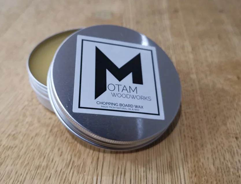 Open tin of Motam Woodworks Chopping Board Wax, made from natural oil and wax