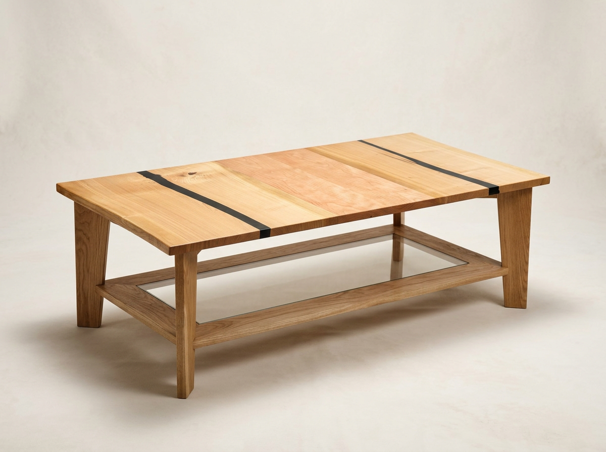 Wooden coffee table with a glass shelf underneath, featuring a natural wood finish and black inlay details on the tabletop.