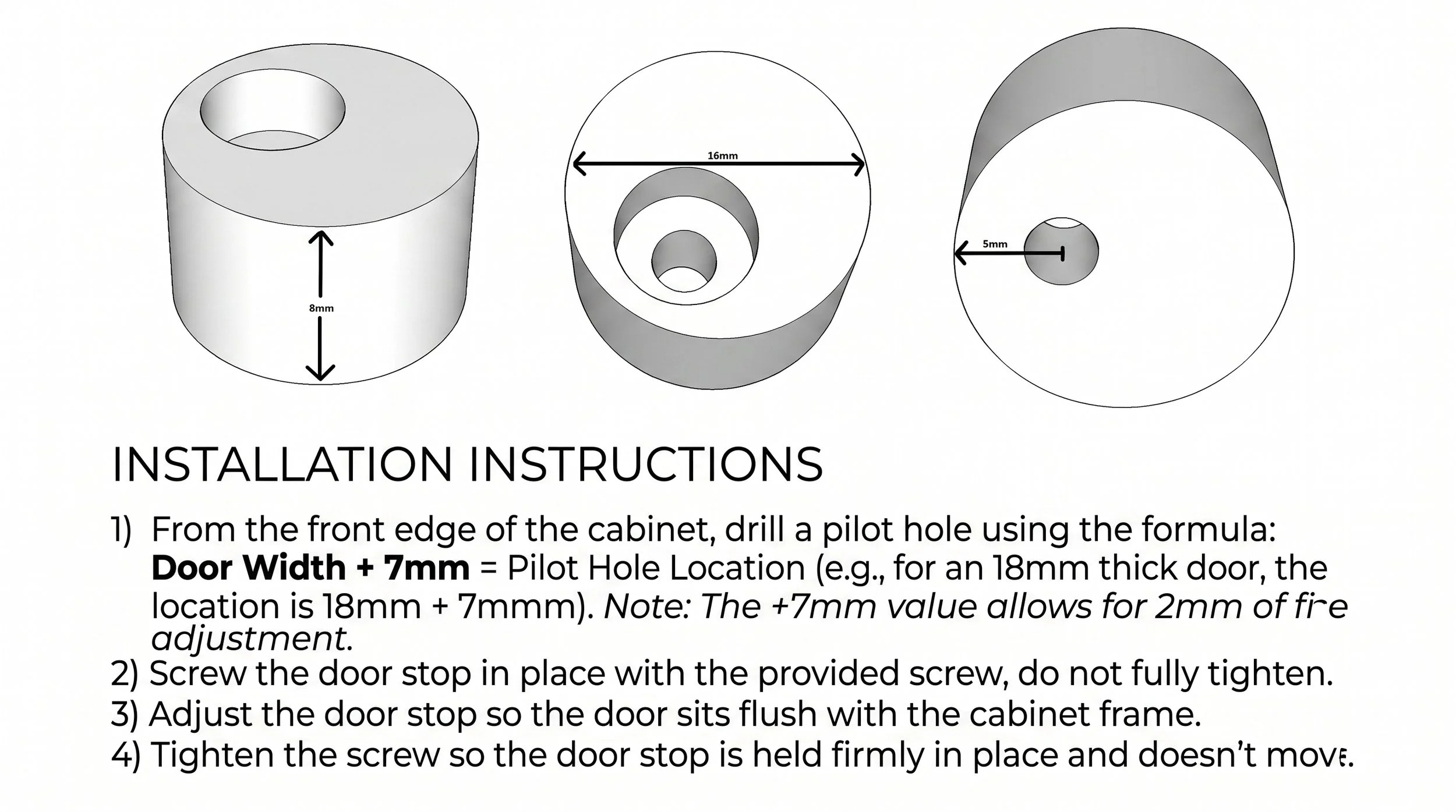 Technical diagram showing the door stop's dimensions and installation steps