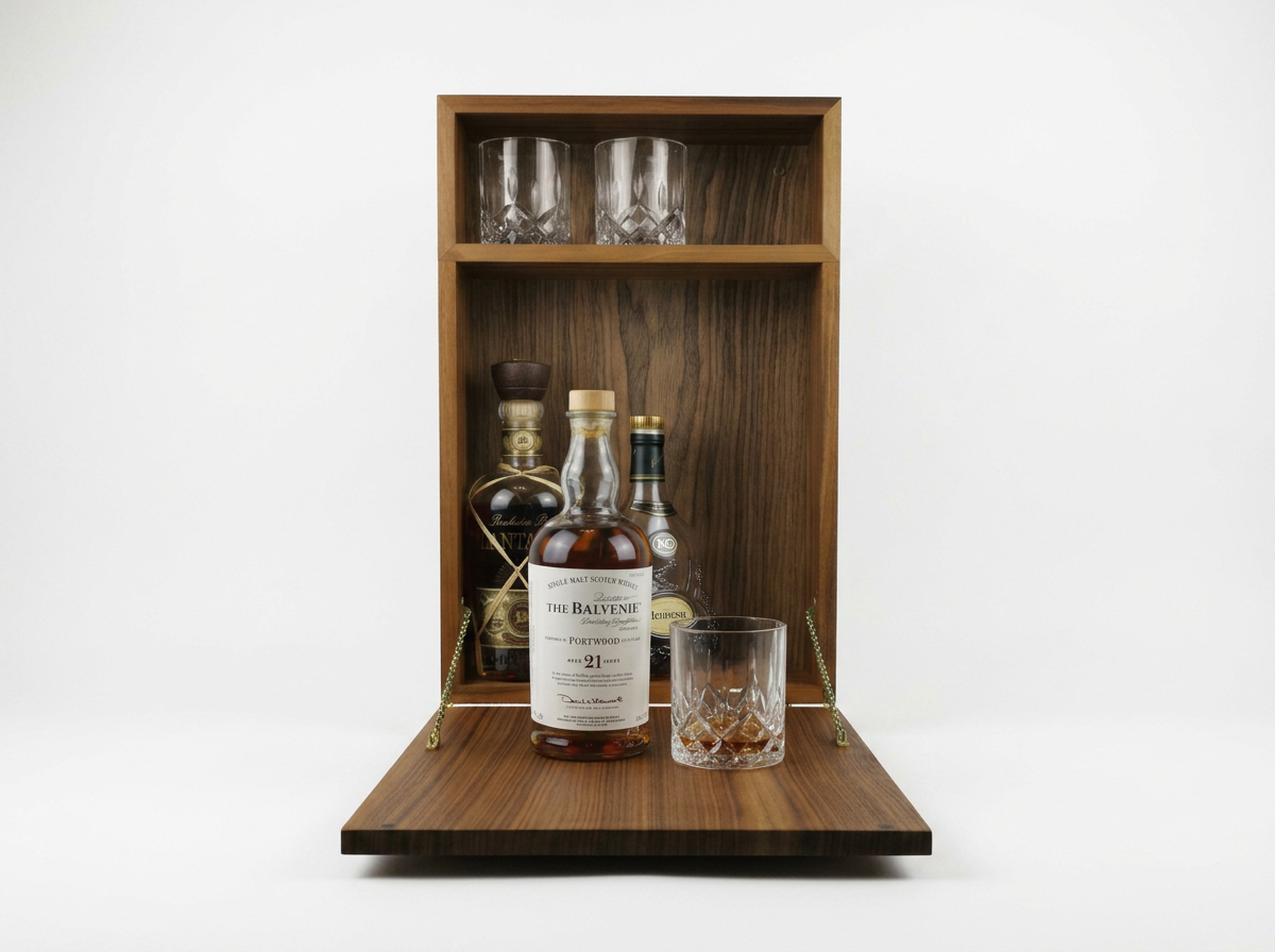 A wooden bar shelf with a fold-down wooden surface. The shelf holds whiskey bottles, and a glass with whiskey is placed on the fold-down surface.