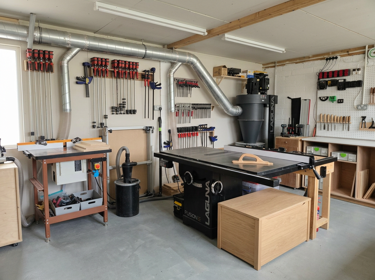 Inside the Motam Woodworks workshop in Hertfordshire: table saw, router table, dust extraction and a wall of clamps, with a finished wooden chest in front.