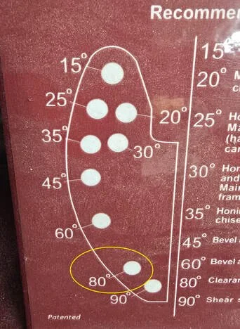 A chart showing different drill bit sizes in degrees, with a focus on an 80-degree drill bit highlighted in a yellow circle.