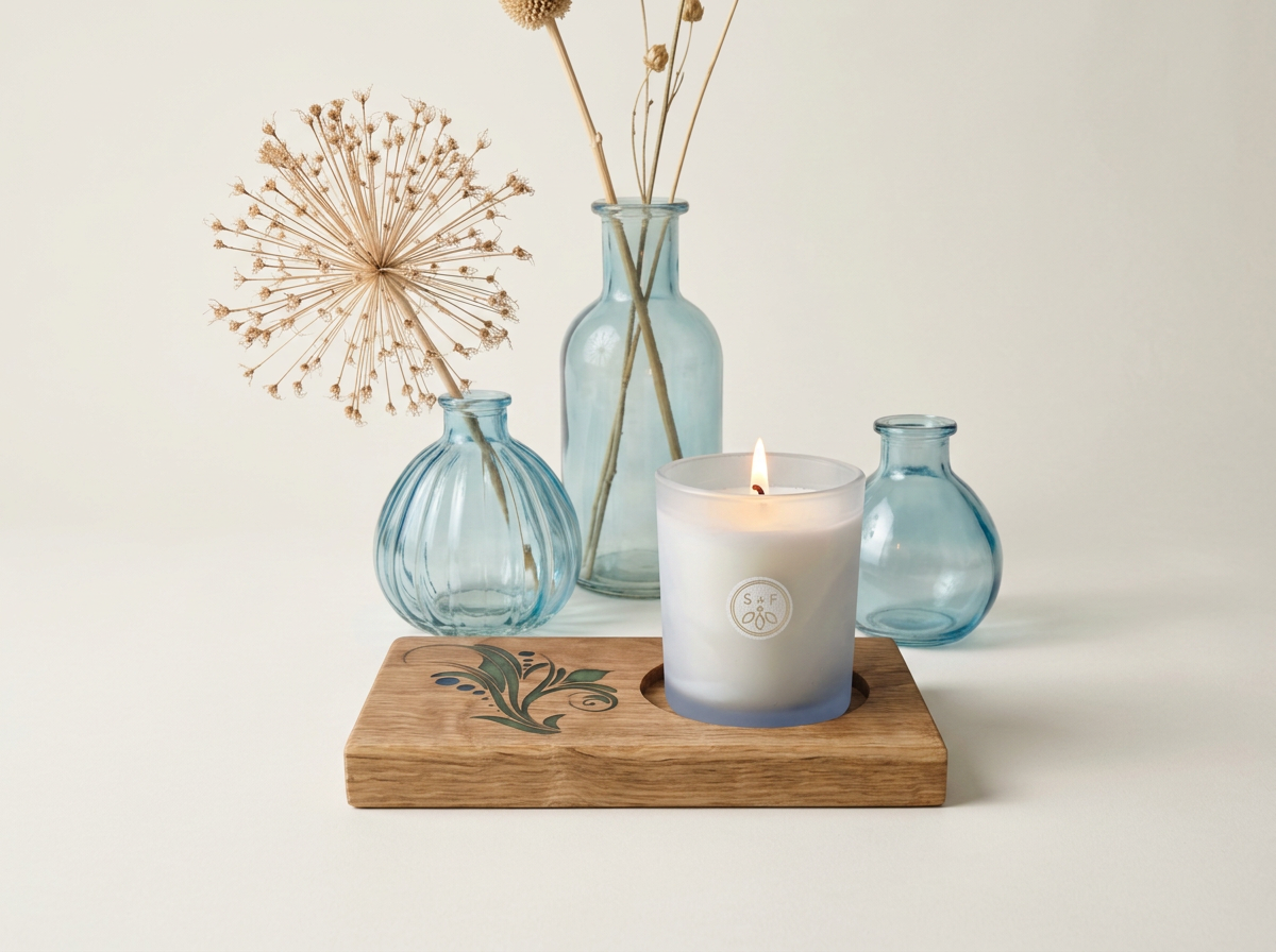 White candle burning on a wooden holder with a floral design, surrounded by three blue glass vases with dried flowers against a plain beige background.