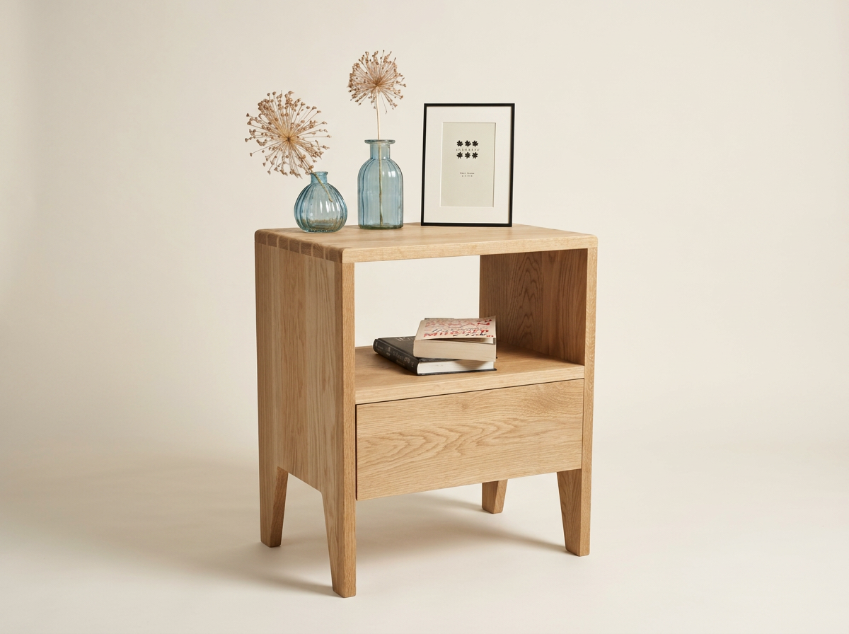 A minimalist wooden nightstand with two drawers, decorated with two blue glass vases containing dried flowers and a framed picture, against a plain white wall.