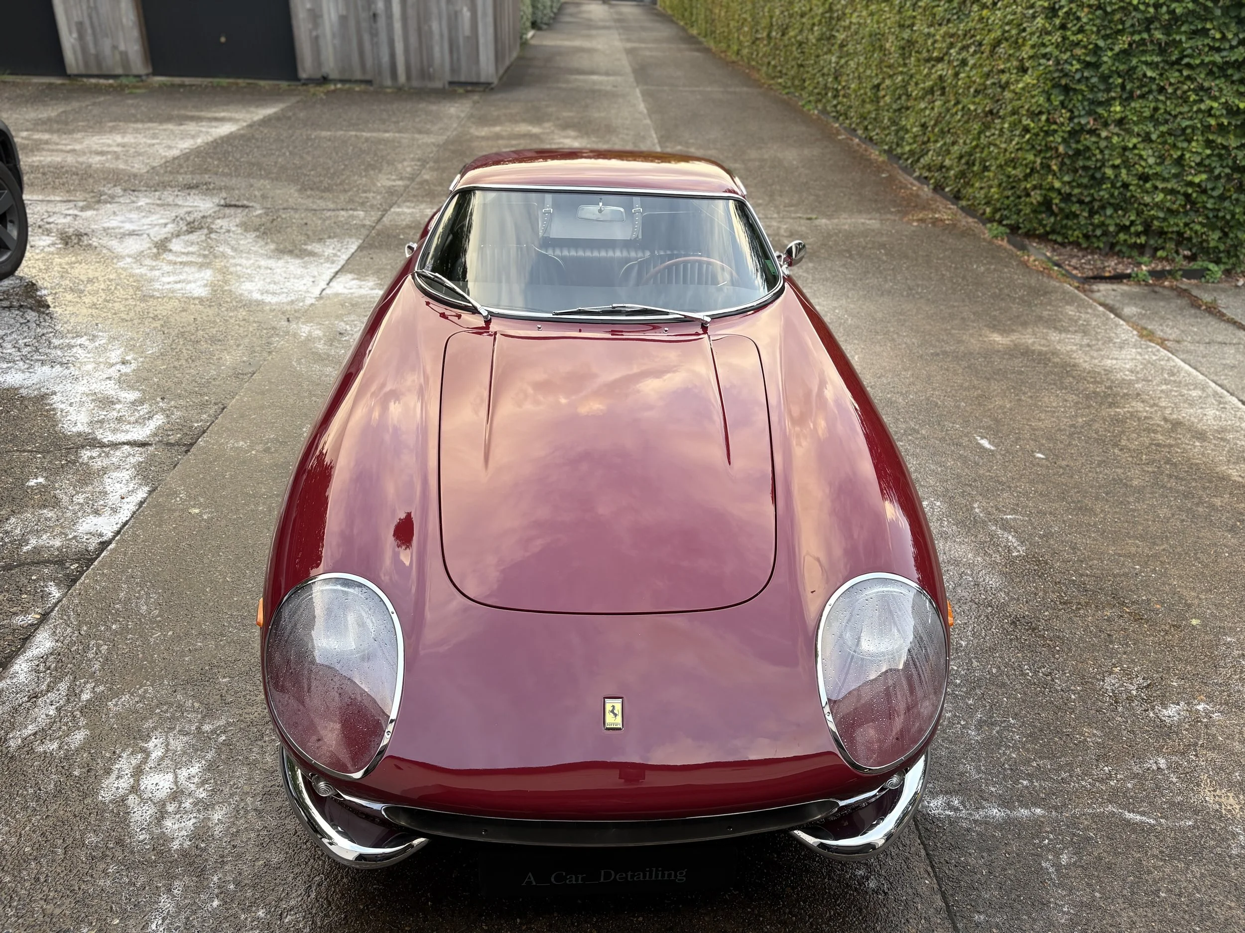 Een rode Ferrari sportwagen van bovenaf gezien, geparkeerd op een oprit naast een groene heg en een houten schutting.