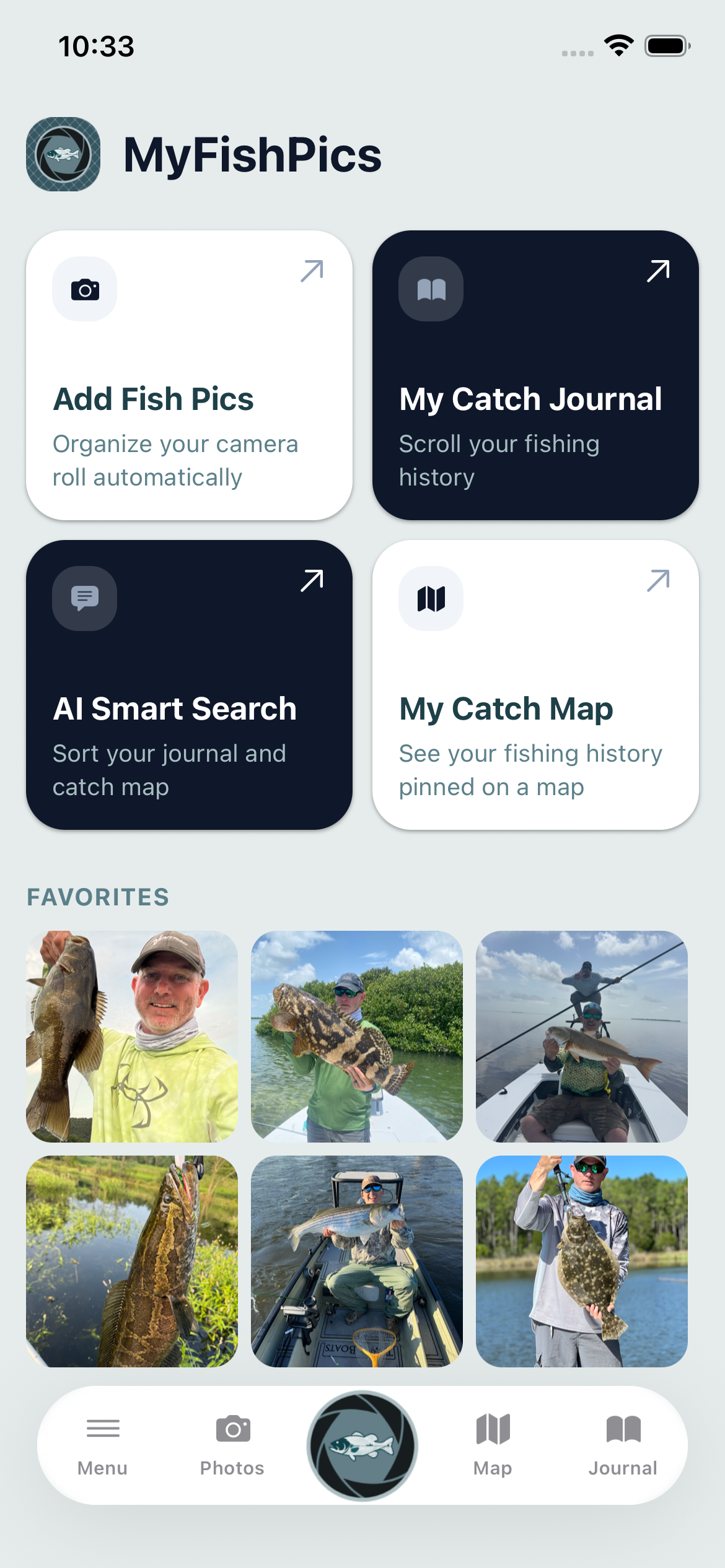 A mobile app home screen for MyFishPics showing options to add fish photos, view catch journal, search catch map, and view favorites, with a footer menu including menu, photos, map, and journal icons.