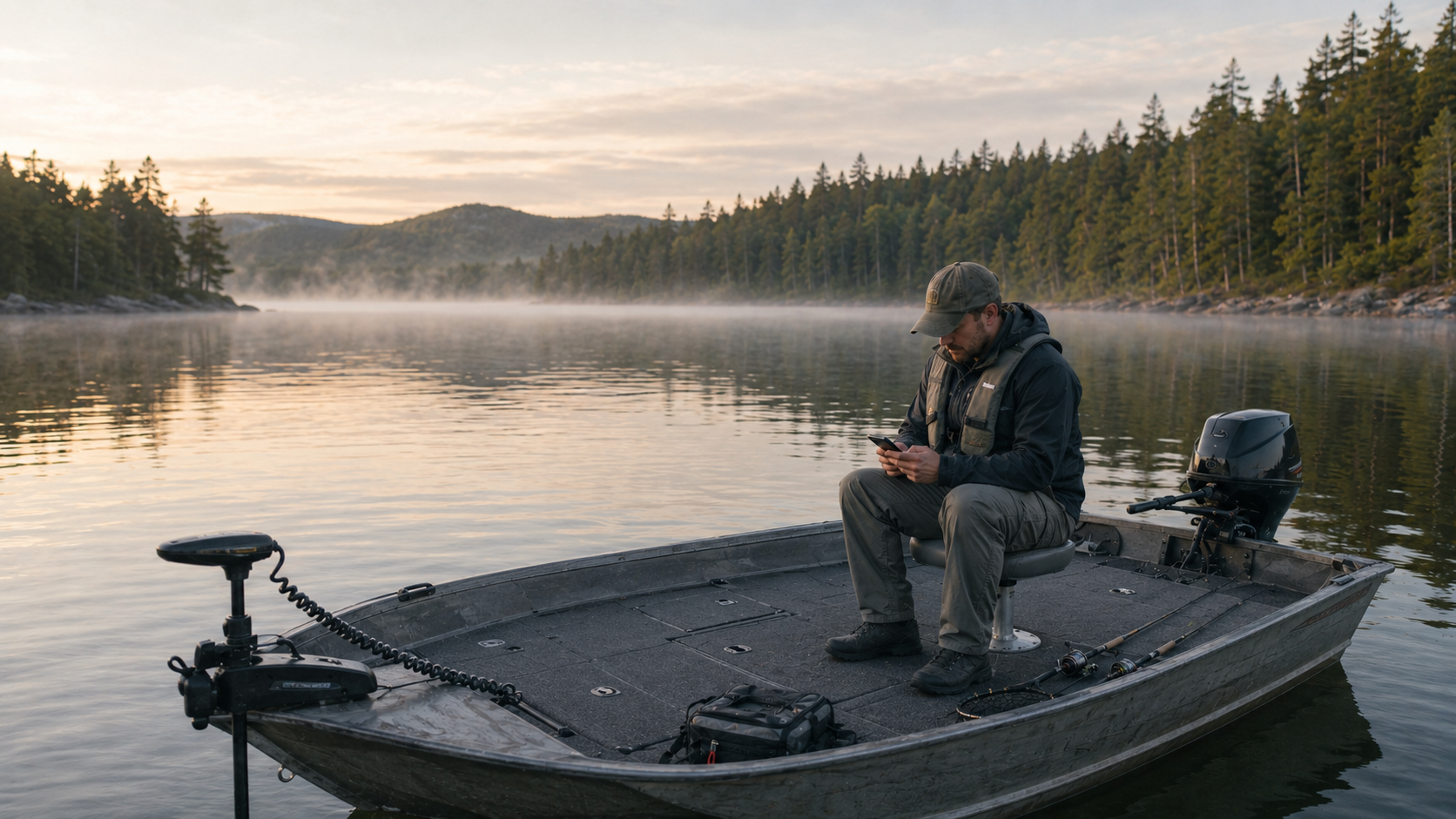 Man sitting in a fishing boat on a calm lake using a smartphone, surrounded by trees and mountains during sunrise or sunset.