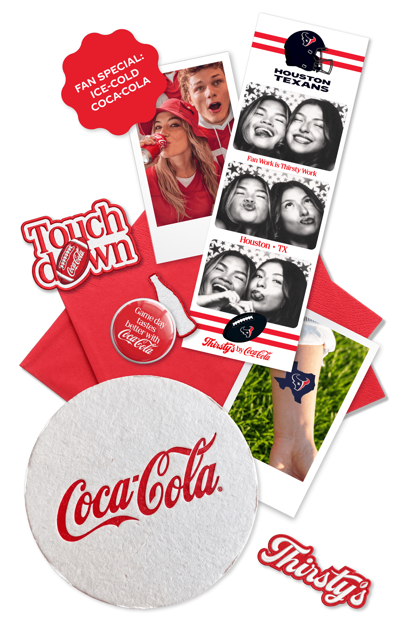 Collection of Coca-Cola themed promotional items including photos of smiling fans, a black football helmet with Houston Texans logo, and various signs and stickers with Coca-Cola branding and slogans.