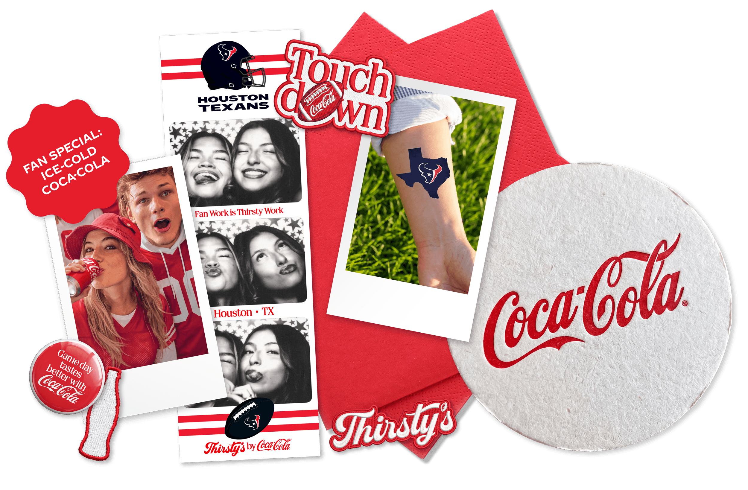 A collage of Houston Texans football memorabilia themed around Coca-Cola. It includes photos of fans, a tattoo of Texas with a Houston Texans logo, a red foam finger, a red button, and various promotional patches, some of which feature the Coca-Cola logo and slogans.