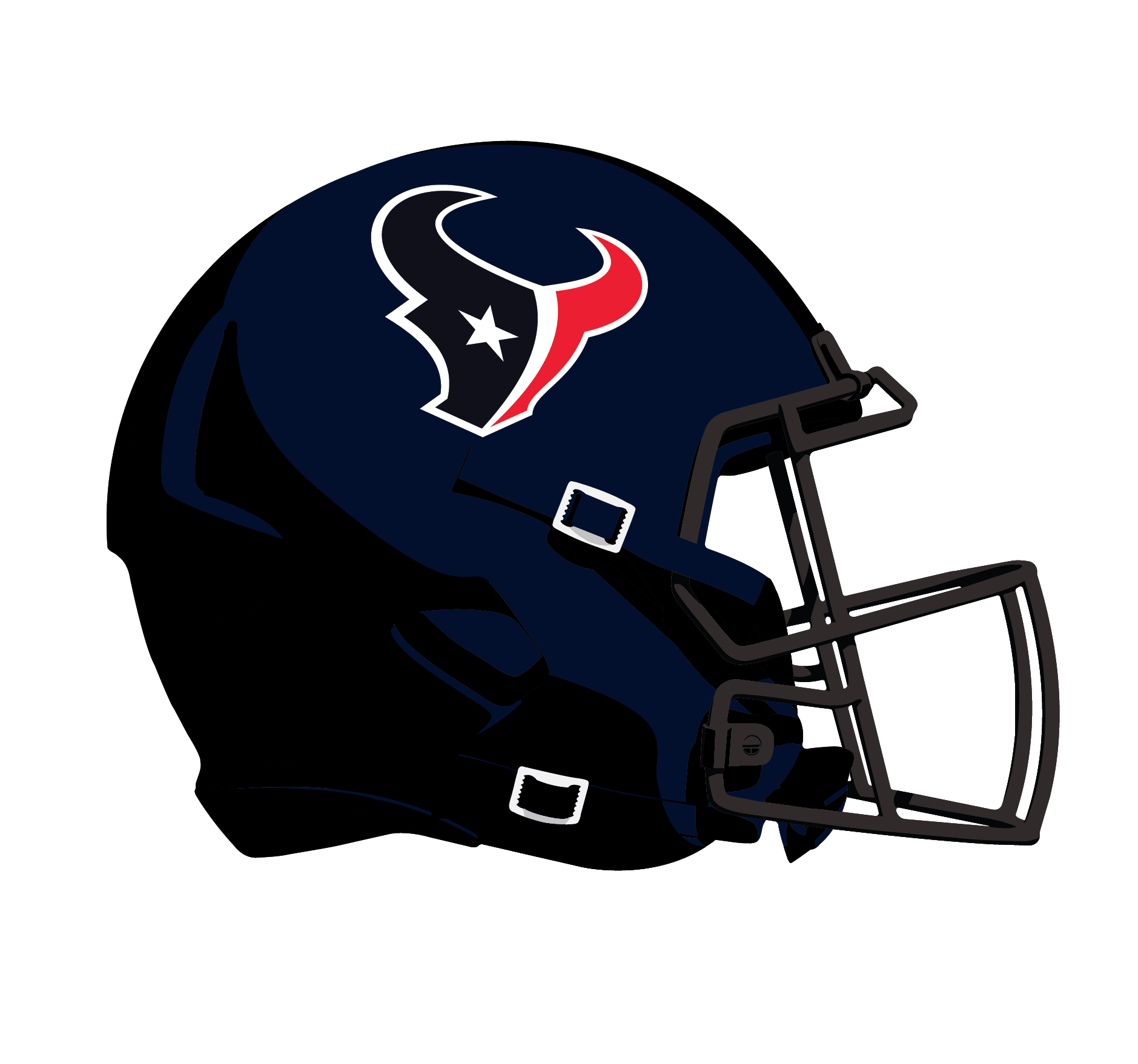 Close-up of a Houston Texans football helmet with the Texans logo featuring a bull's head in blue, red, black, and white. The helmet has a face guard and chin strap.