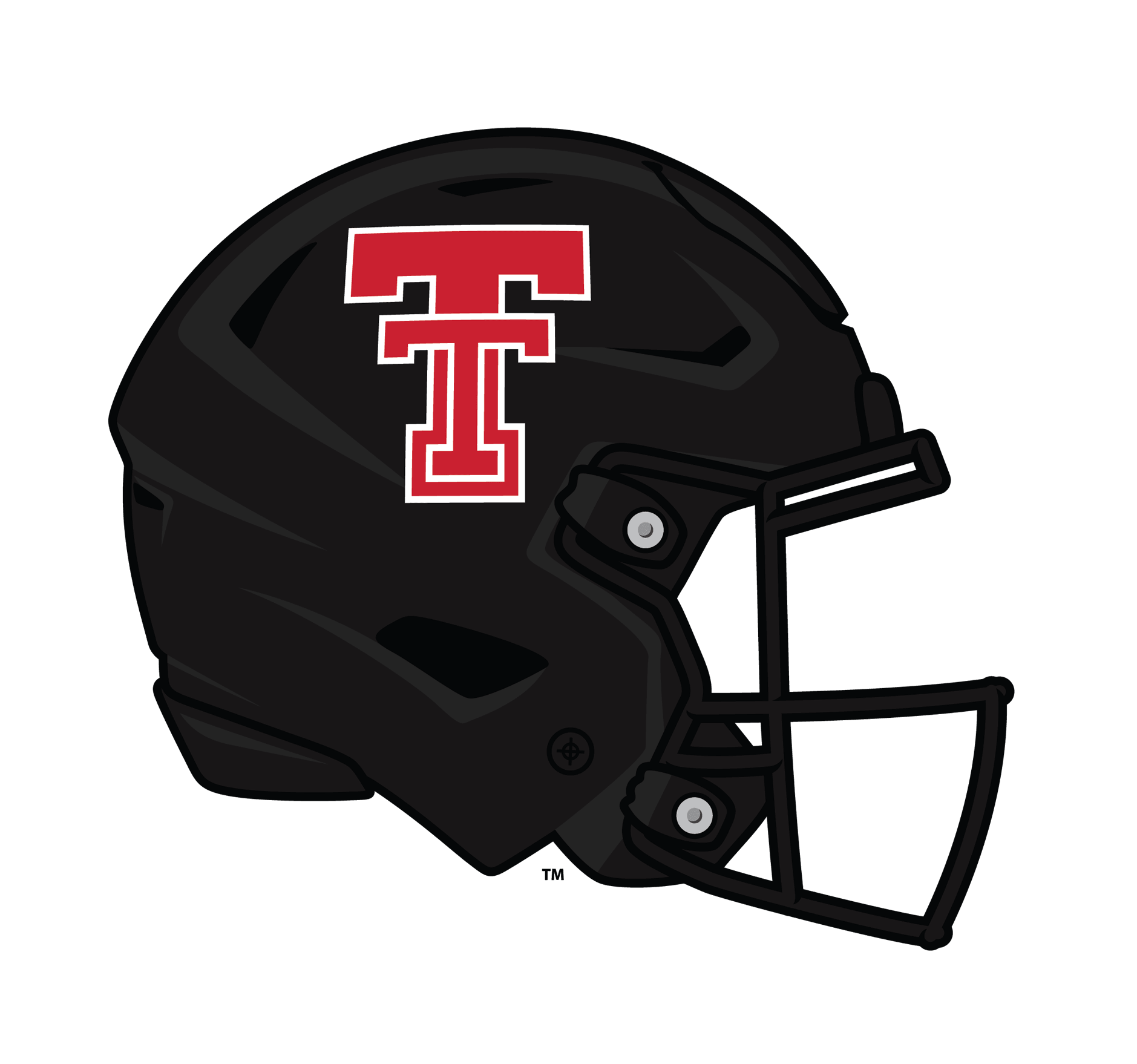 Close-up of a football helmet with a red and white Texas Tech logo on the side, featuring a black face mask and a dark background.