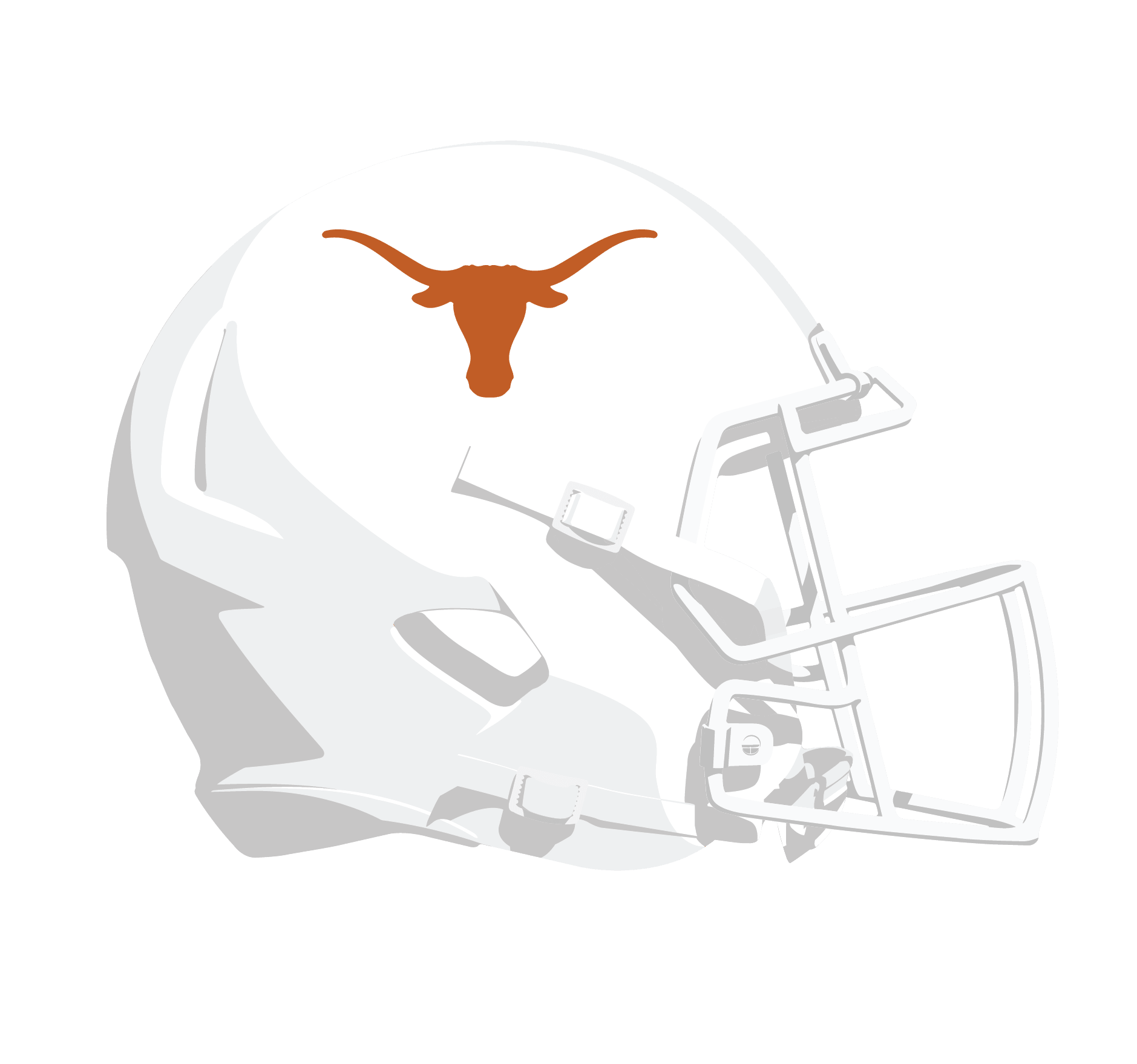 A white football helmet with a brown longhorn logo on the front and a faceguard.