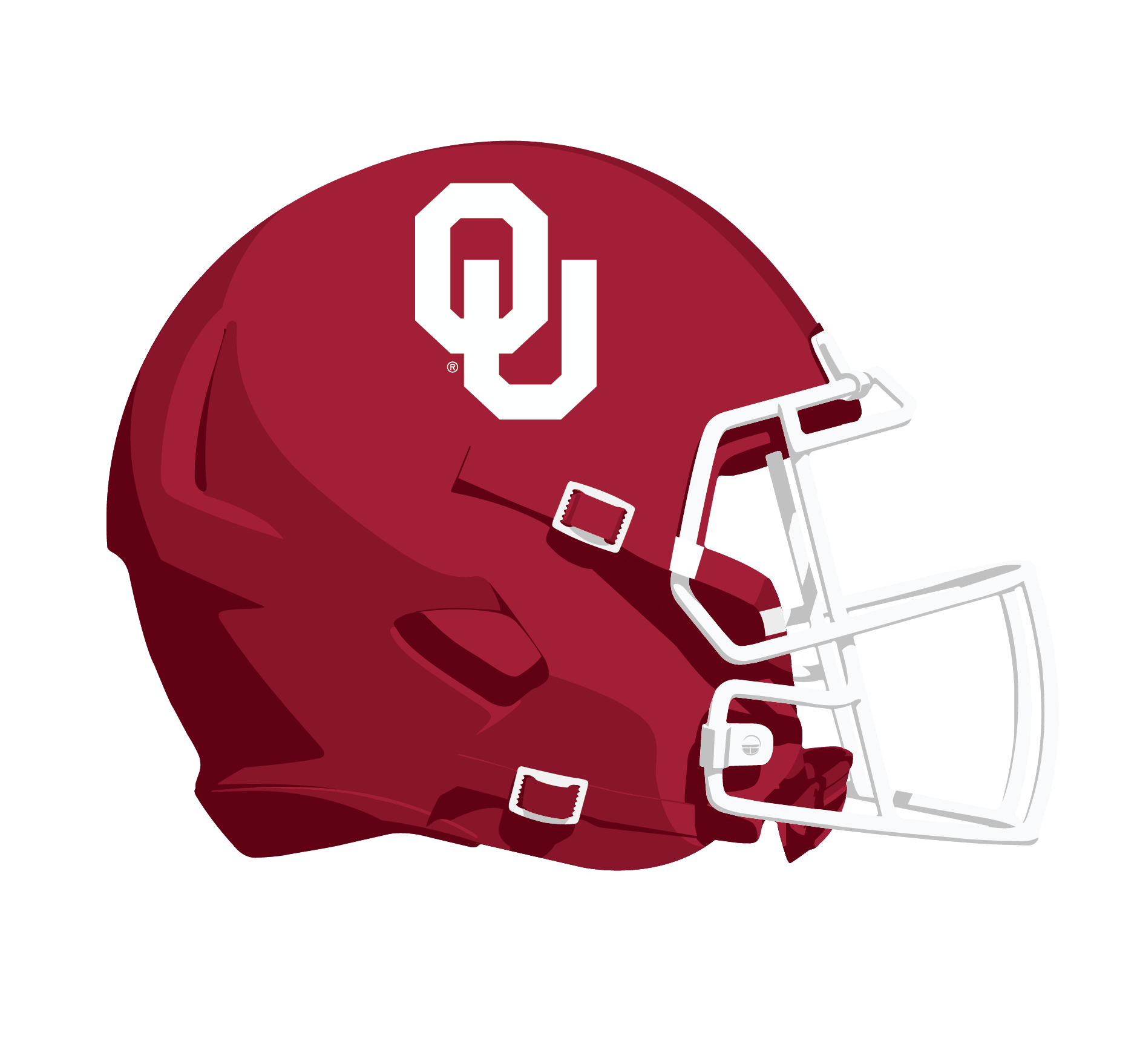 Close-up of a maroon football helmet with a white face mask and the University of Oklahoma logo on the side.