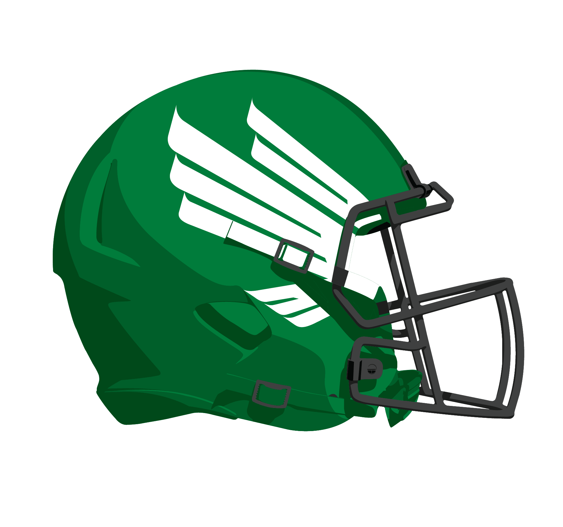 A green football helmet with a white stripe pattern and black faceguard.