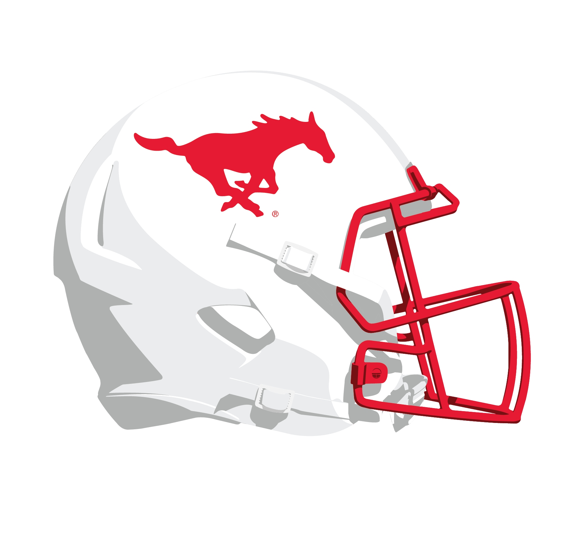 White football helmet with a red Mustang logo on the side, red facemask, and gray accents