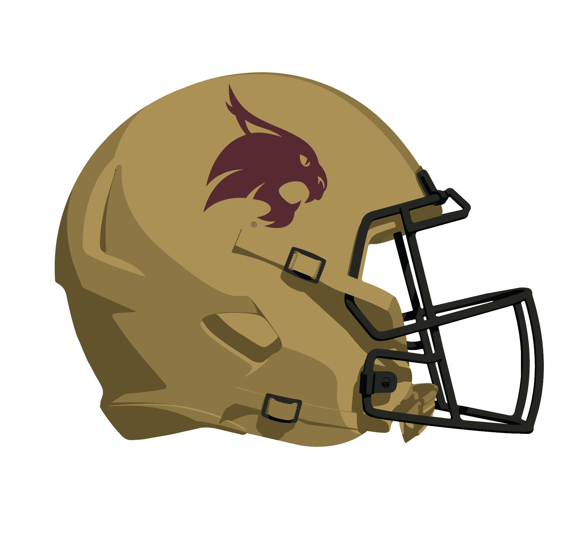 An illustration of a beige football helmet with a maroon wildcat logo and black faceguard.