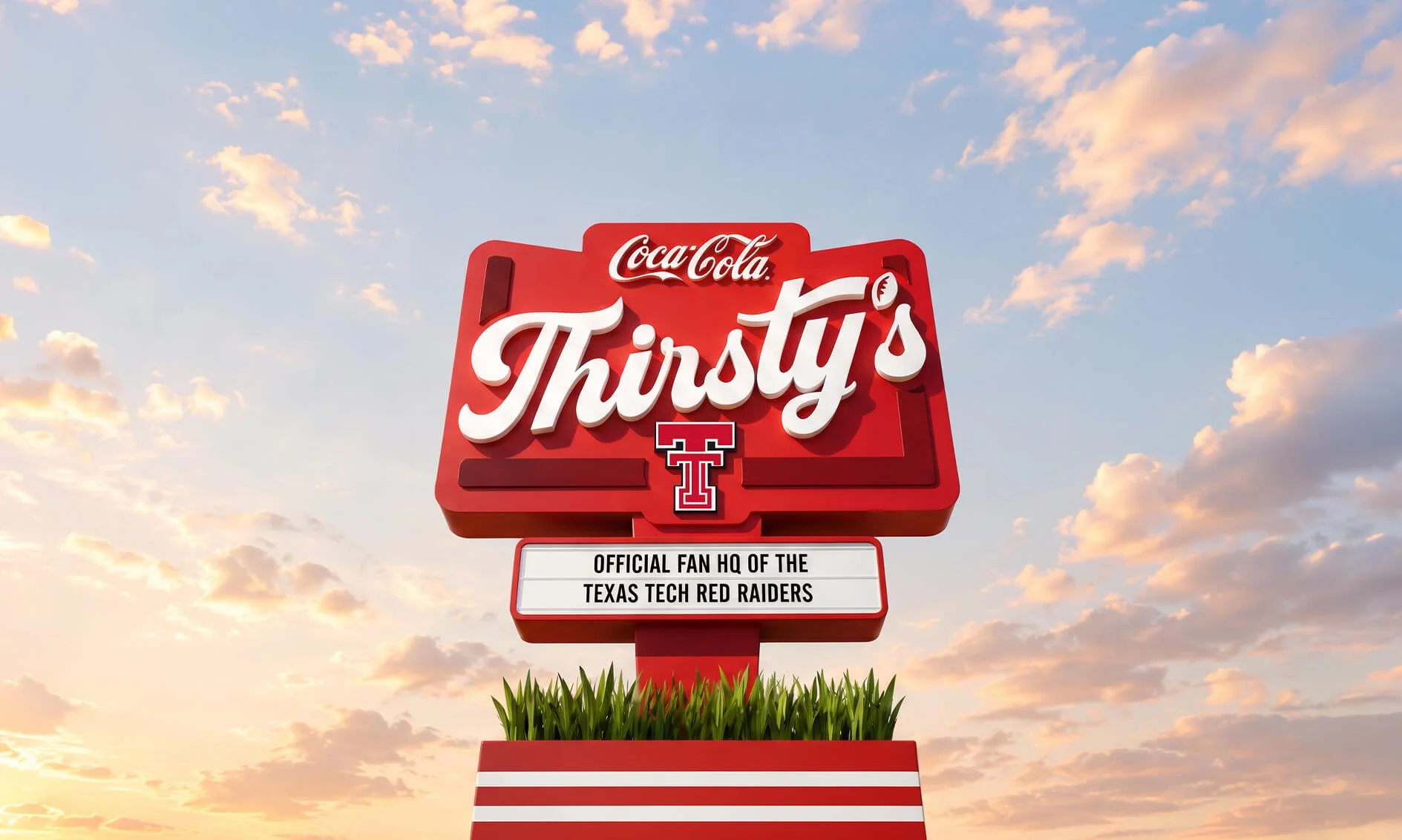 Sign for Thirsty's, a Coca-Cola sponsored location, with the text 'Official fan HQ of the Texas Tech Red Raiders,' featuring Texas Tech's red double T logo, against a sky background with clouds and a grassy foreground.