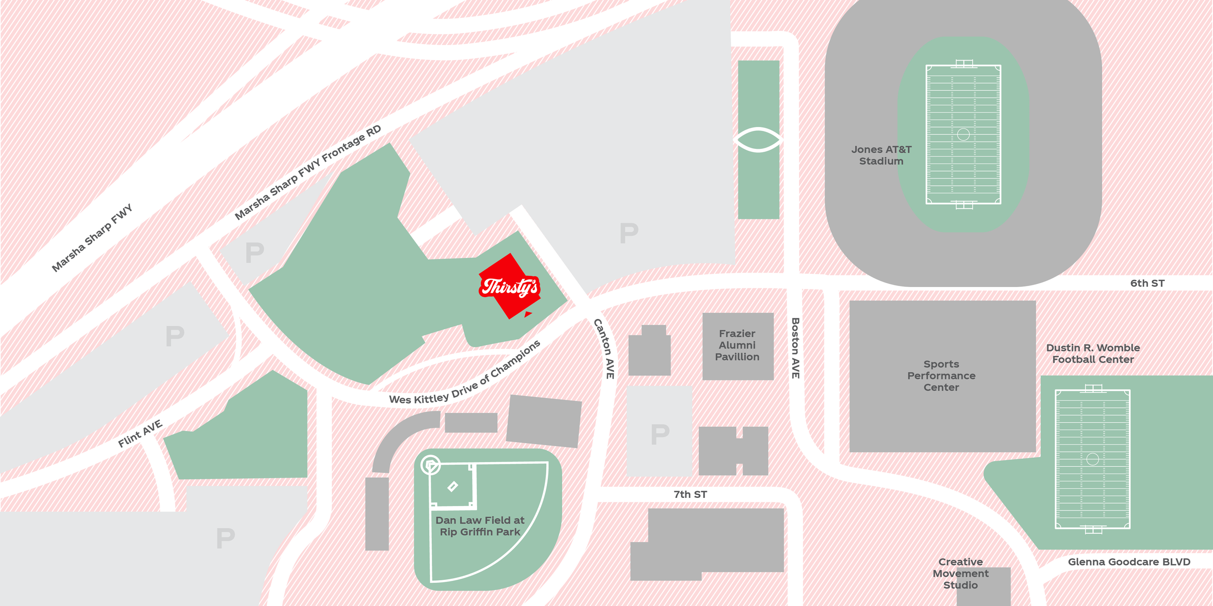 Map showing the area around Jones AT&T Stadium, including Thirsty's restaurant, Dan Law Field at Rip Griffin Park, and various streets and parking areas.