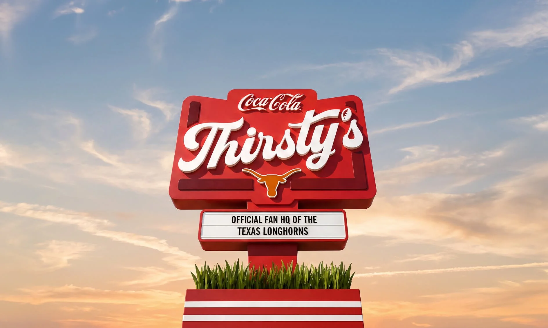 Sign for Thirsty's, an official fan headquarters for Texas Longhorns, with a Texas Longhorns logo and a background of a sunset sky.
